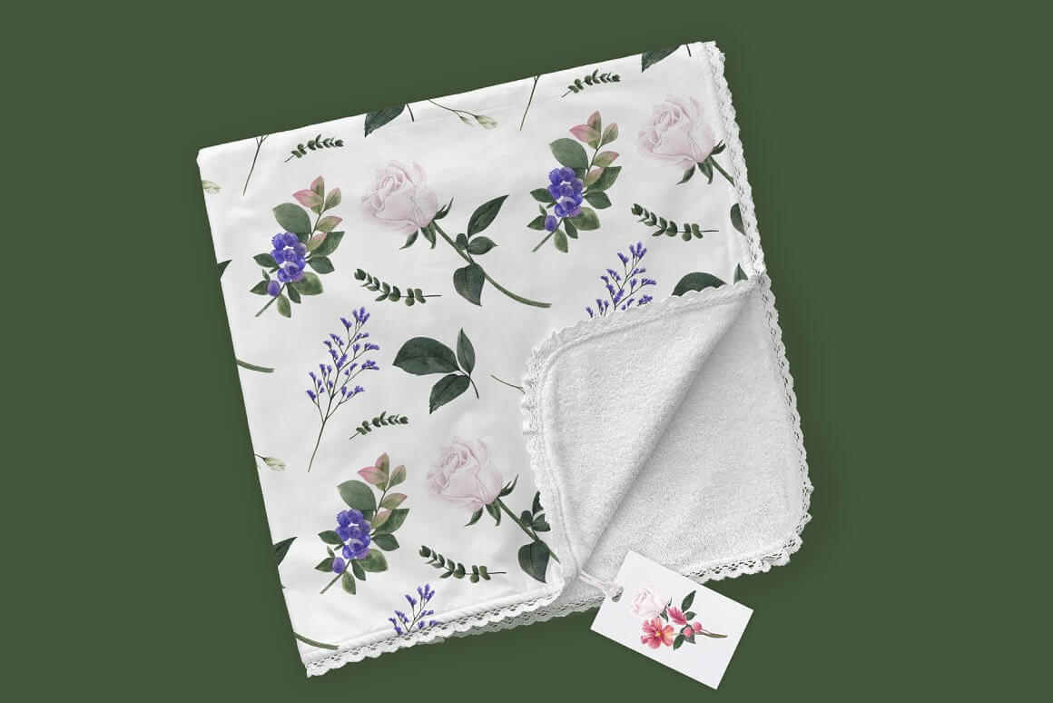 Fabric napkin with purple flowers.