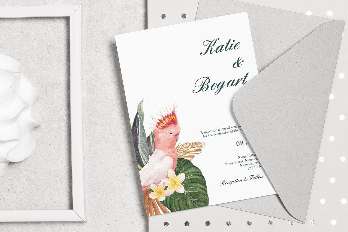 A beautiful pink parrot and tropical plants are drawn on the white invitation card.