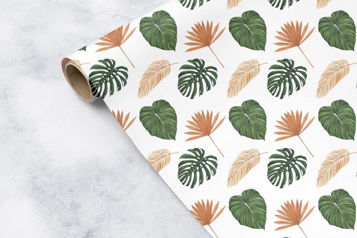 White gift paper decorated with tropical leaves.