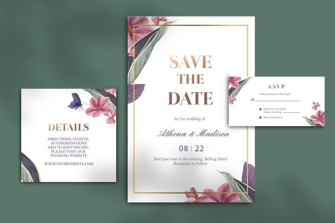Invitation cards for weddings and any other event are decorated with tropical plants and birds.