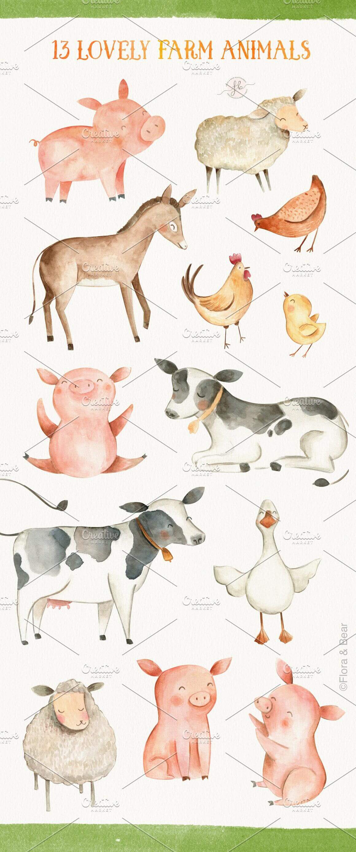 13 Lovely Farm Animals: Pigs, chickens, donkeys, sheep, geese and others.