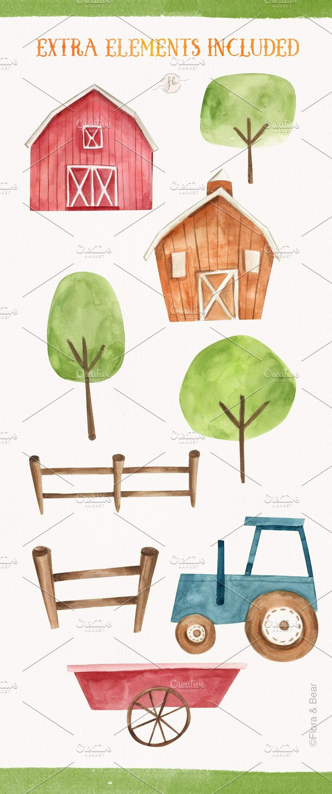 Extra elements included: trees, sheds, fences, carts, tractor.