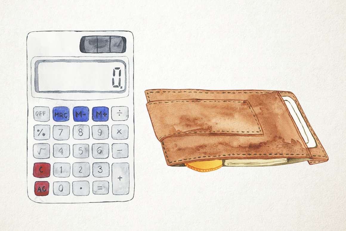 Calculator and wallet in the image.