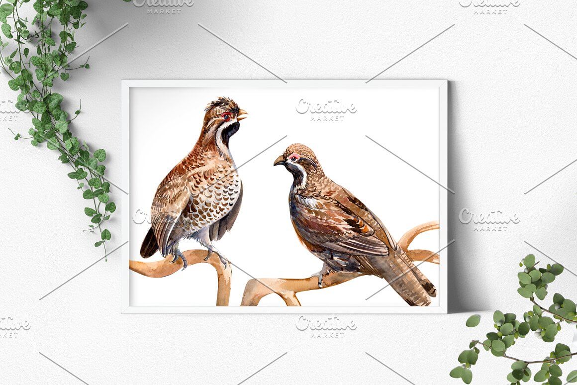 A pair of quails sit on a branch.