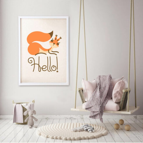 Painted picture with a squirrel in the design of a bright room.