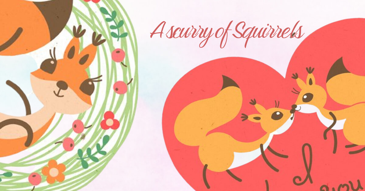 A squirrel in a green wreath of branches and two kissing squirrels in a red heart.