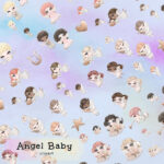 Many angel babies on blue background.