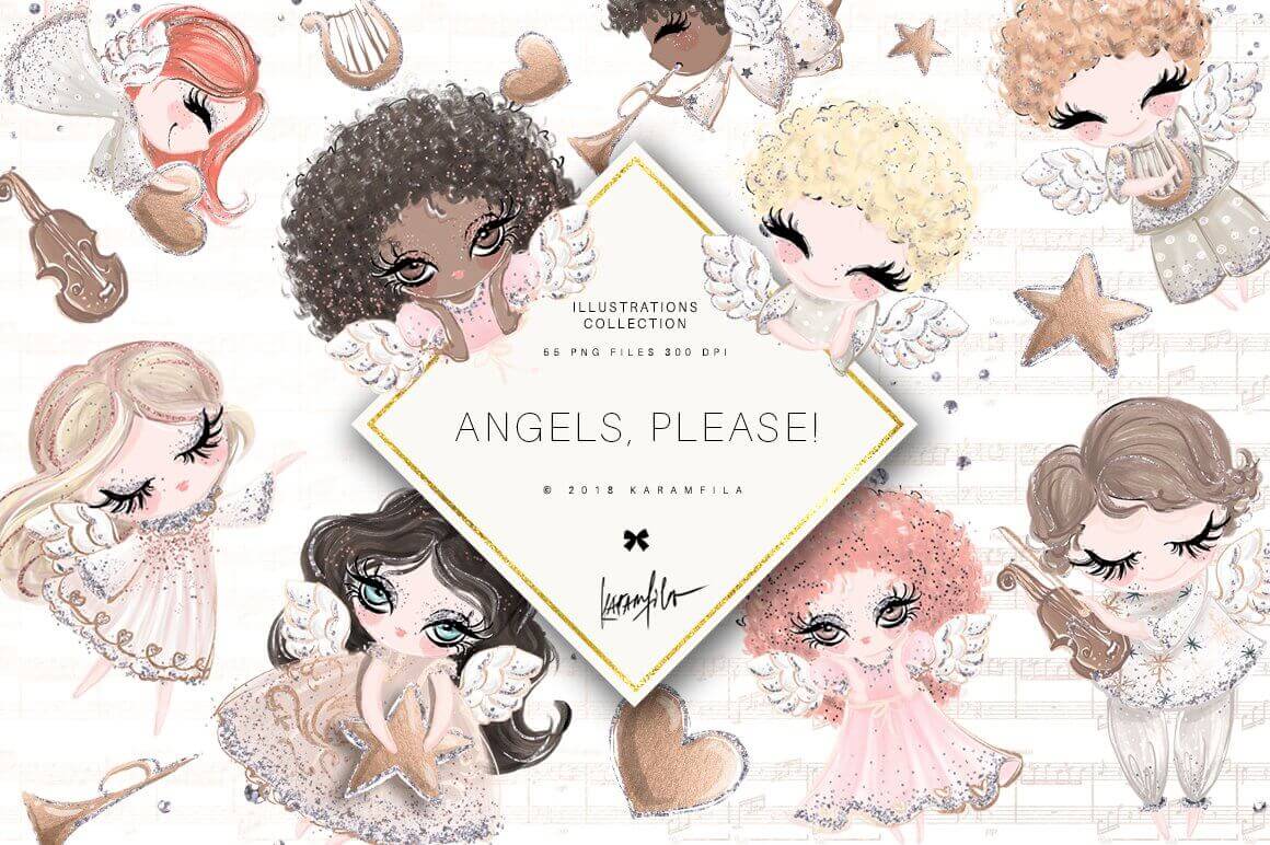 Collection of illustrations of little angels with a joyful expression.