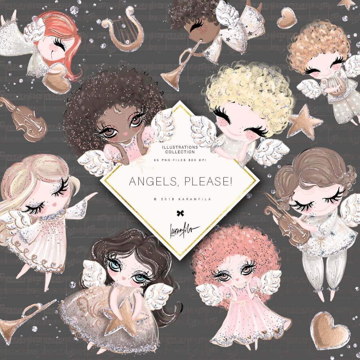 Collection of illustrations of angels with a blush on a black background.