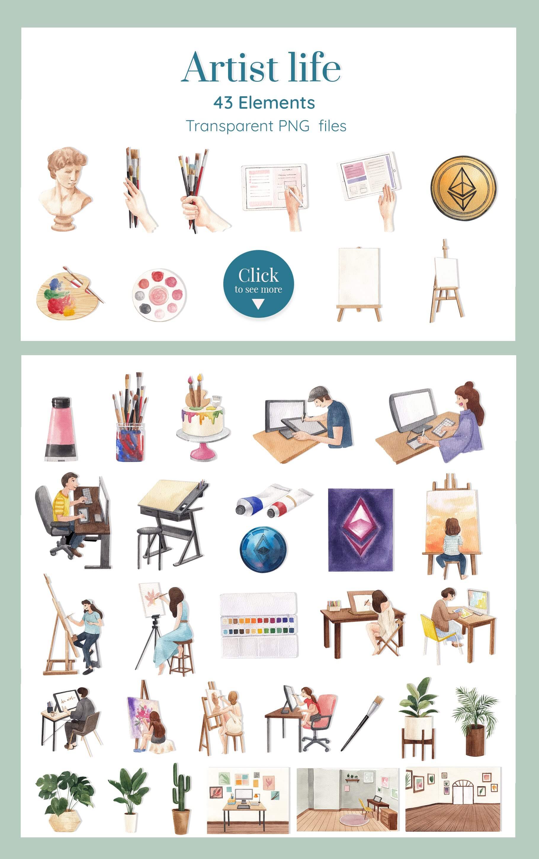 artist life watercolor illustration examples.