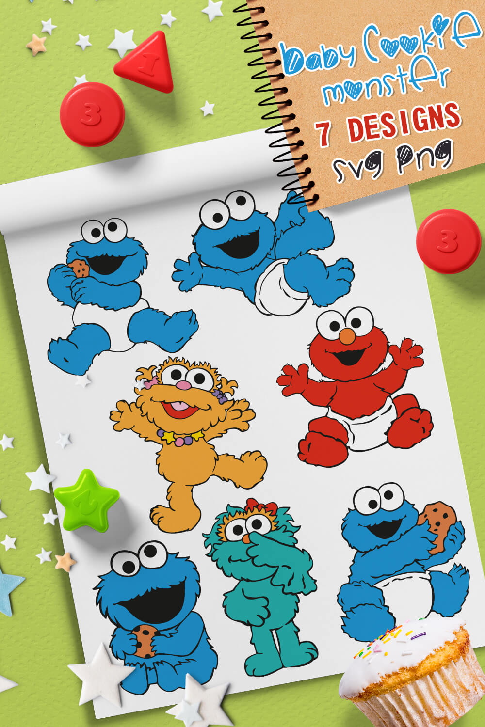 Baby Cookie Monster on a notepad.