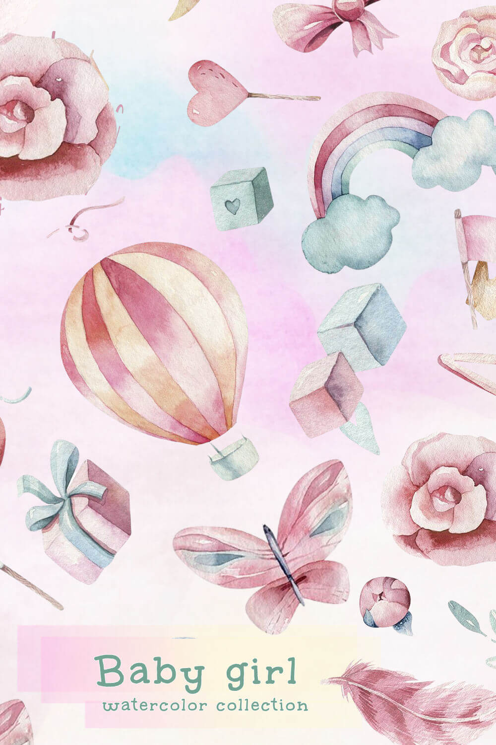 Large balloon, feathers, butterflies are made in watercolor.