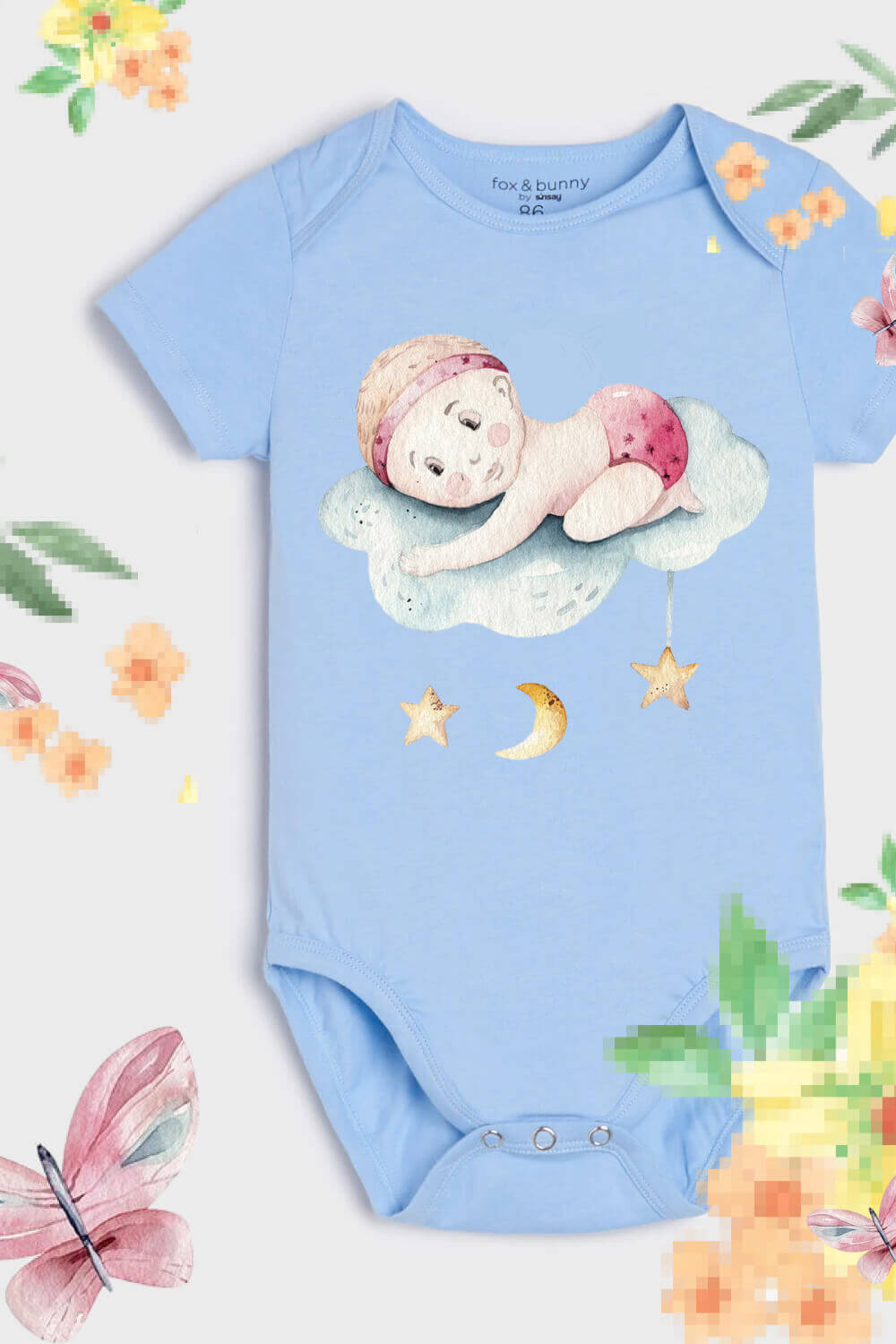 Blue bodysuit with stars and an angel on a cloud.