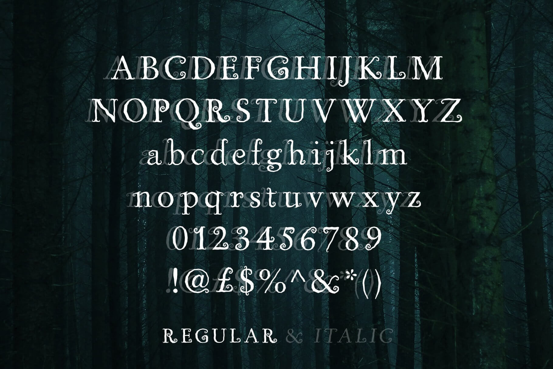 billy witch spellbinding swirly serif font all symbols example.