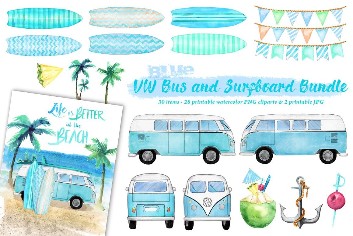 Buses and surfboards in blue.