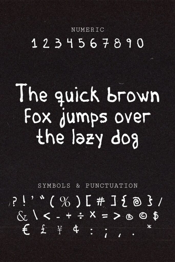 Briasco Rustic Free Font Pinterest preview with numeric, symbols and punctuation.
