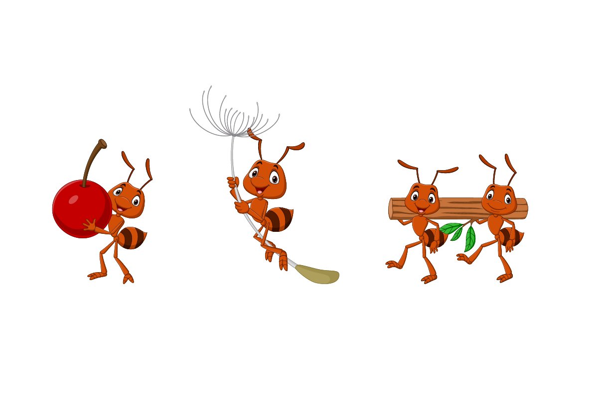 Set of Six Cartoon Brown Ant Animal example.