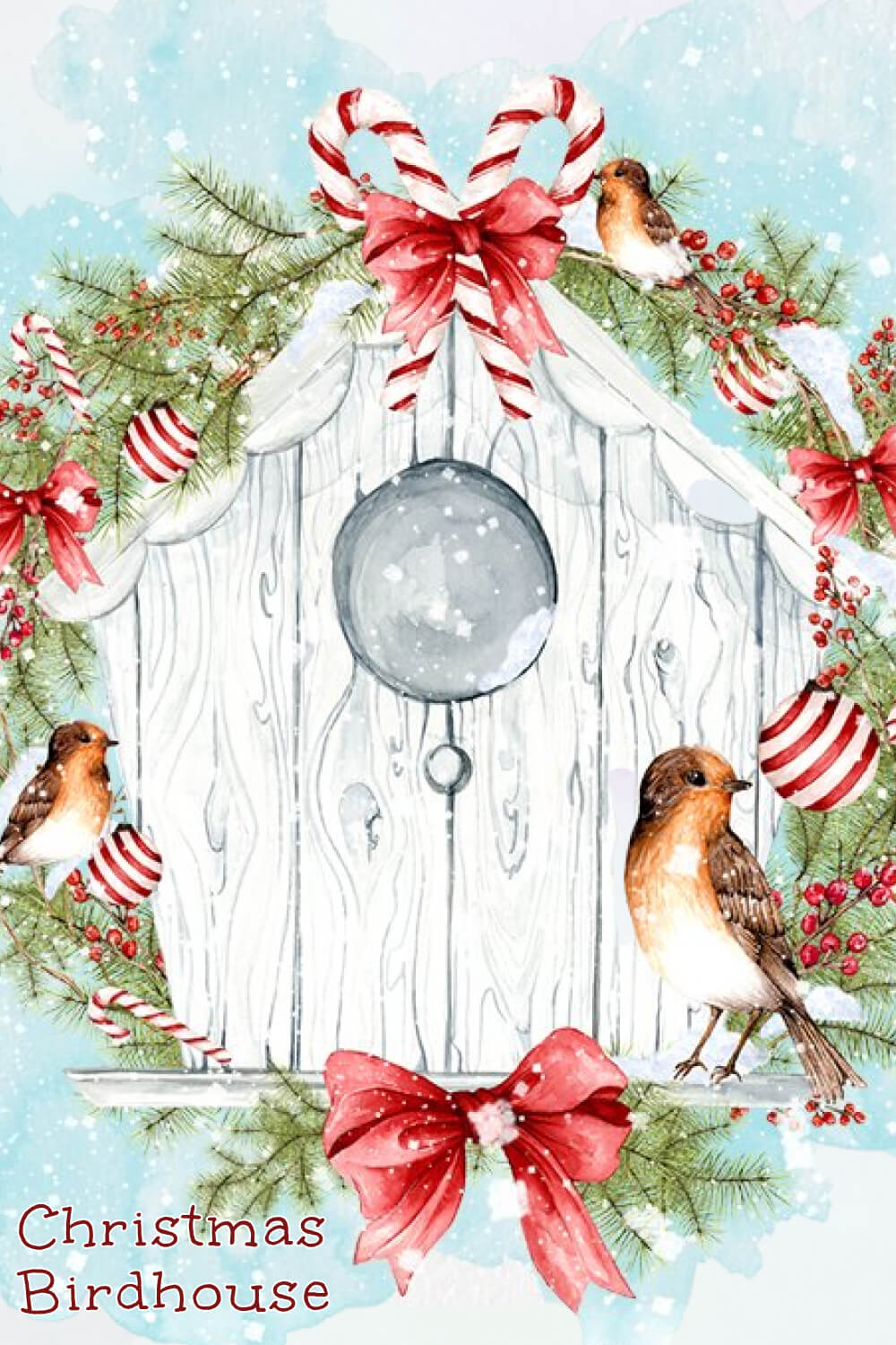 A large birdhouse is Christmas-style decorated for small birds.