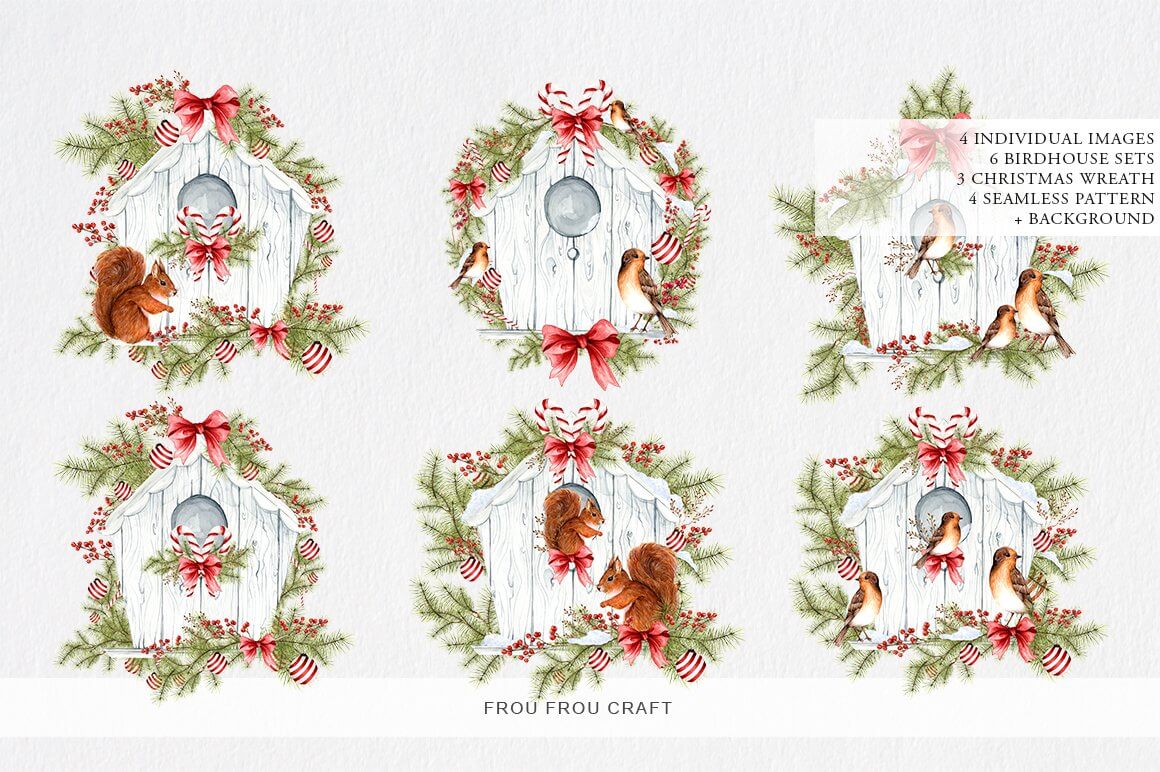 Six Christmas wreaths inside which are Christmas birdhouses for squirrels and birds painted in watercolor.