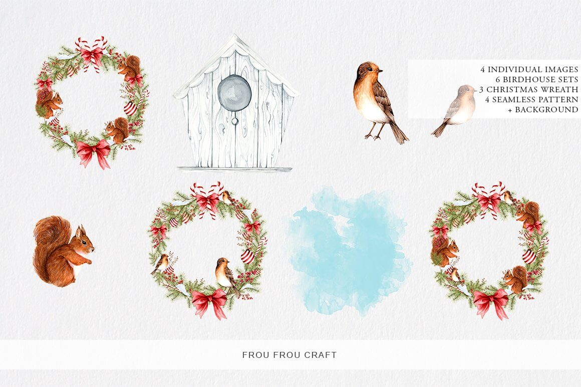 Separate elements of Christmas design: Christmas wreath, squirrel, birdhouse, bird.