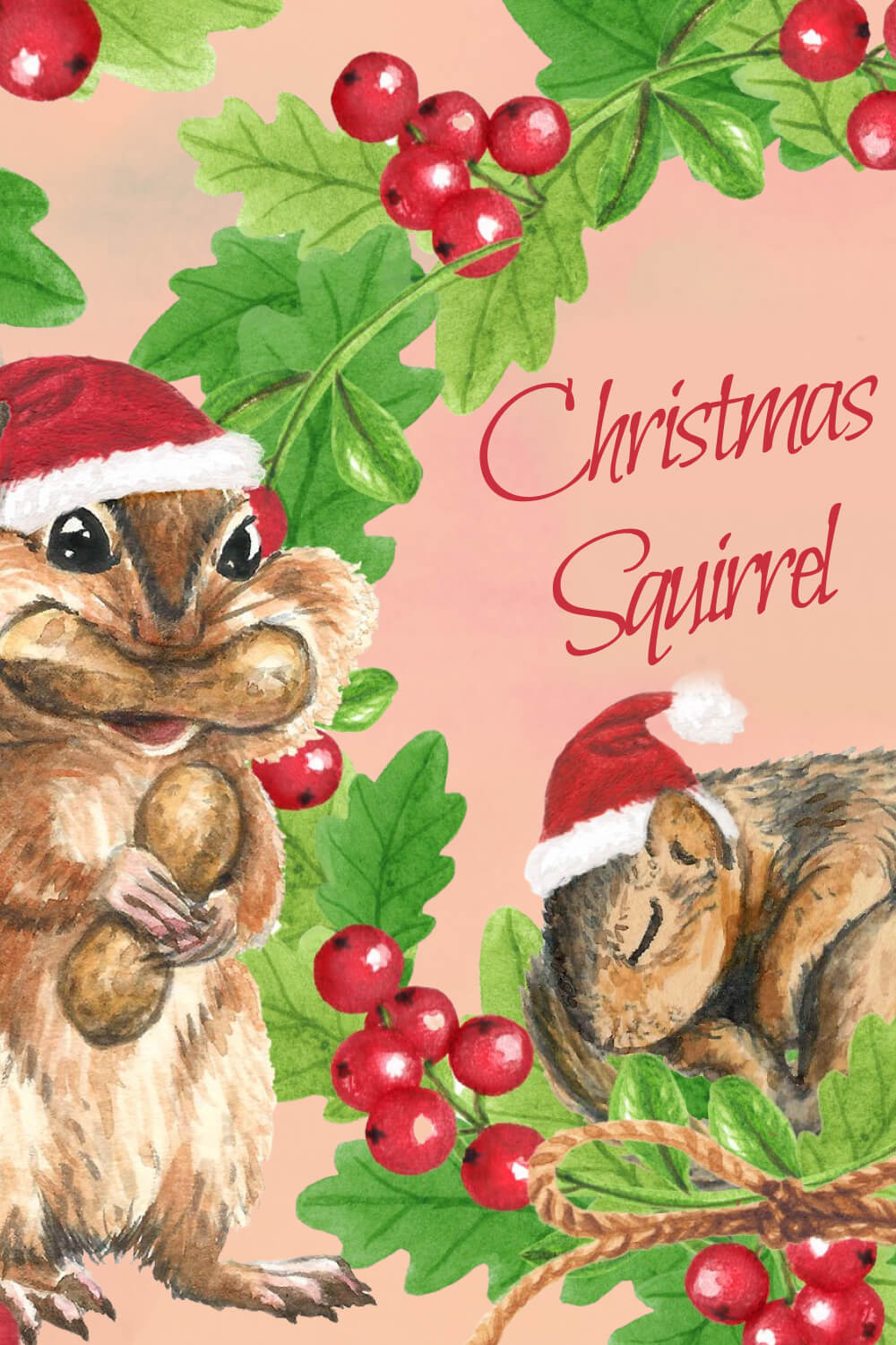 Two brown Christmas squirrels painted on a pink Christmas background.
