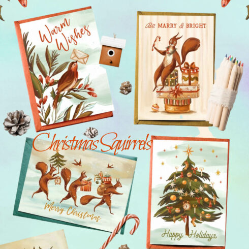 Four cards in a Christmas theme with squirrels and Christmas trees.