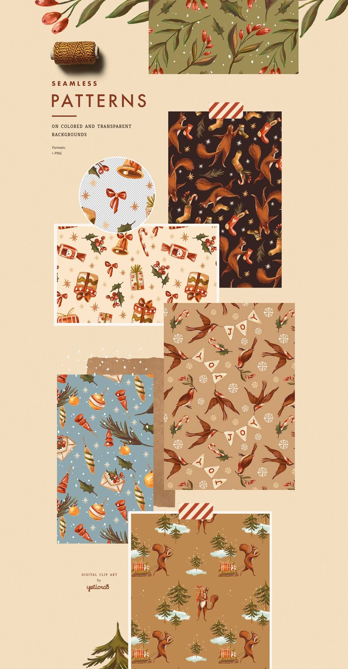Seamless Christmas Patterns on Colored and Transparent Backgrounds.