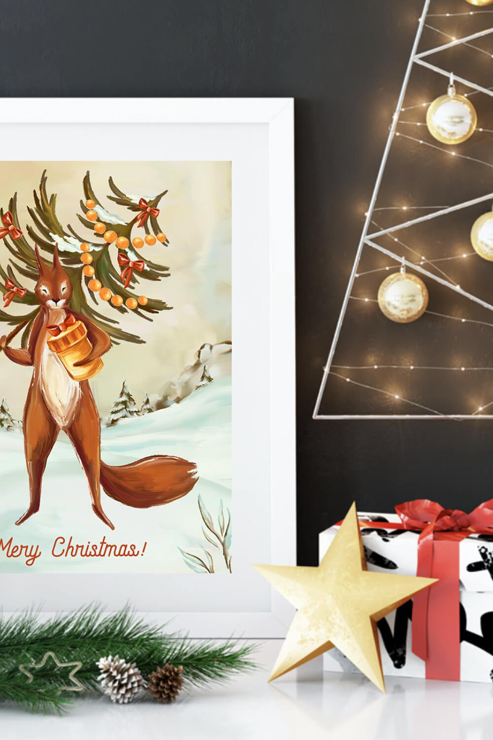 Christmas design decorated with a picture of a squirrel and a Christmas tree.