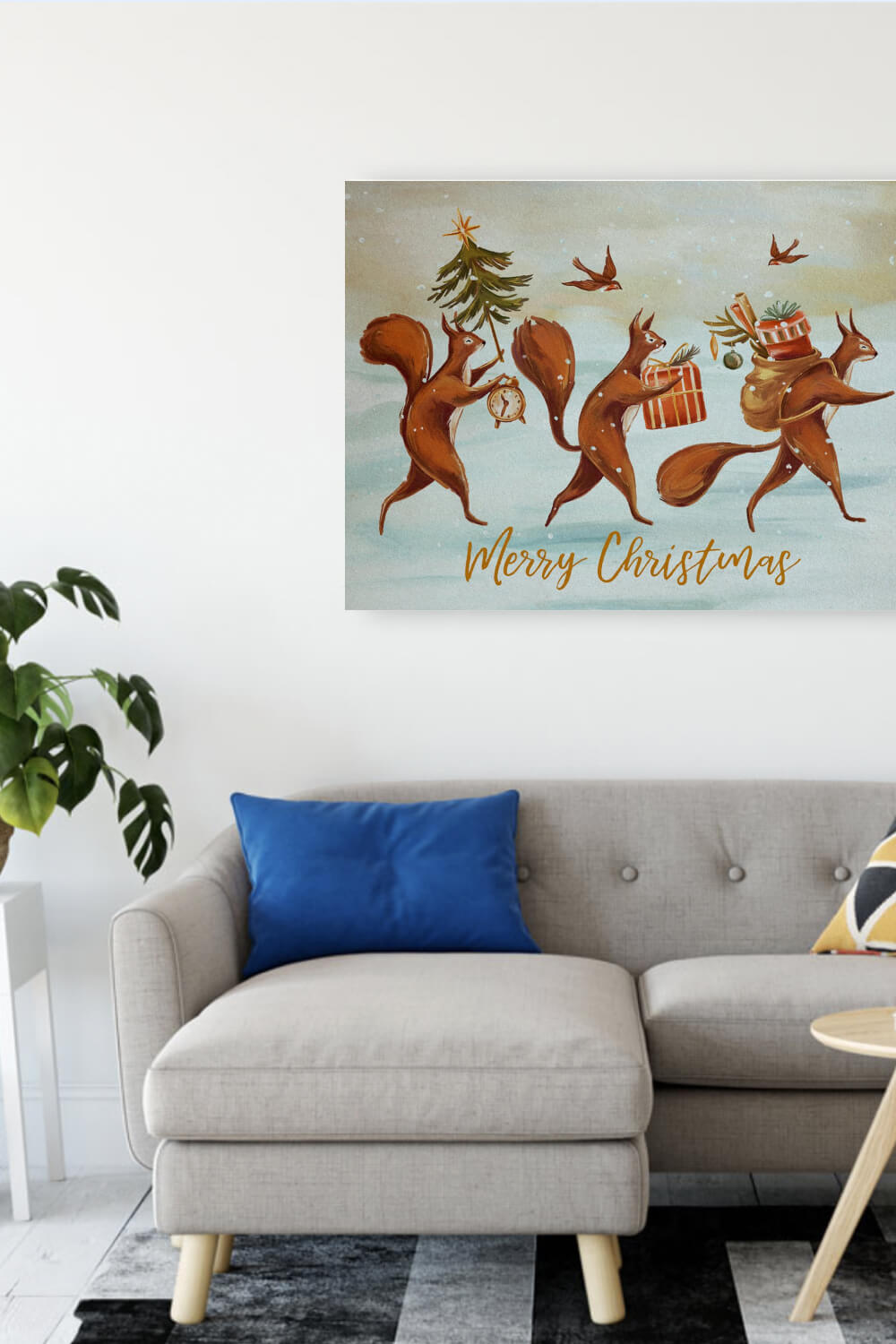 A huge Christmas picture with painted walking squirrels on a winter background.