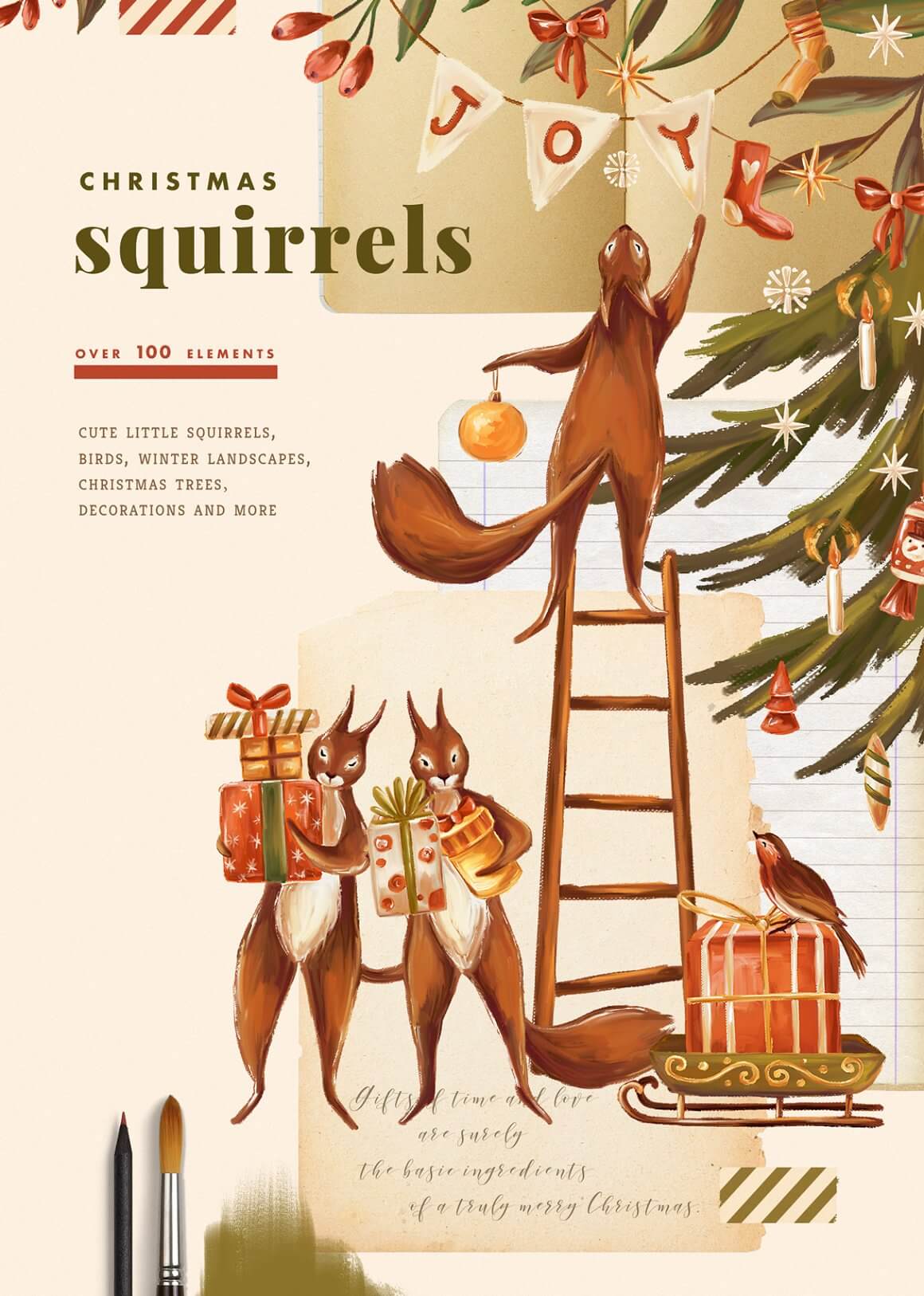 Cute little squirrels, birds, winter landscapes, christmas trees, decorations and more.