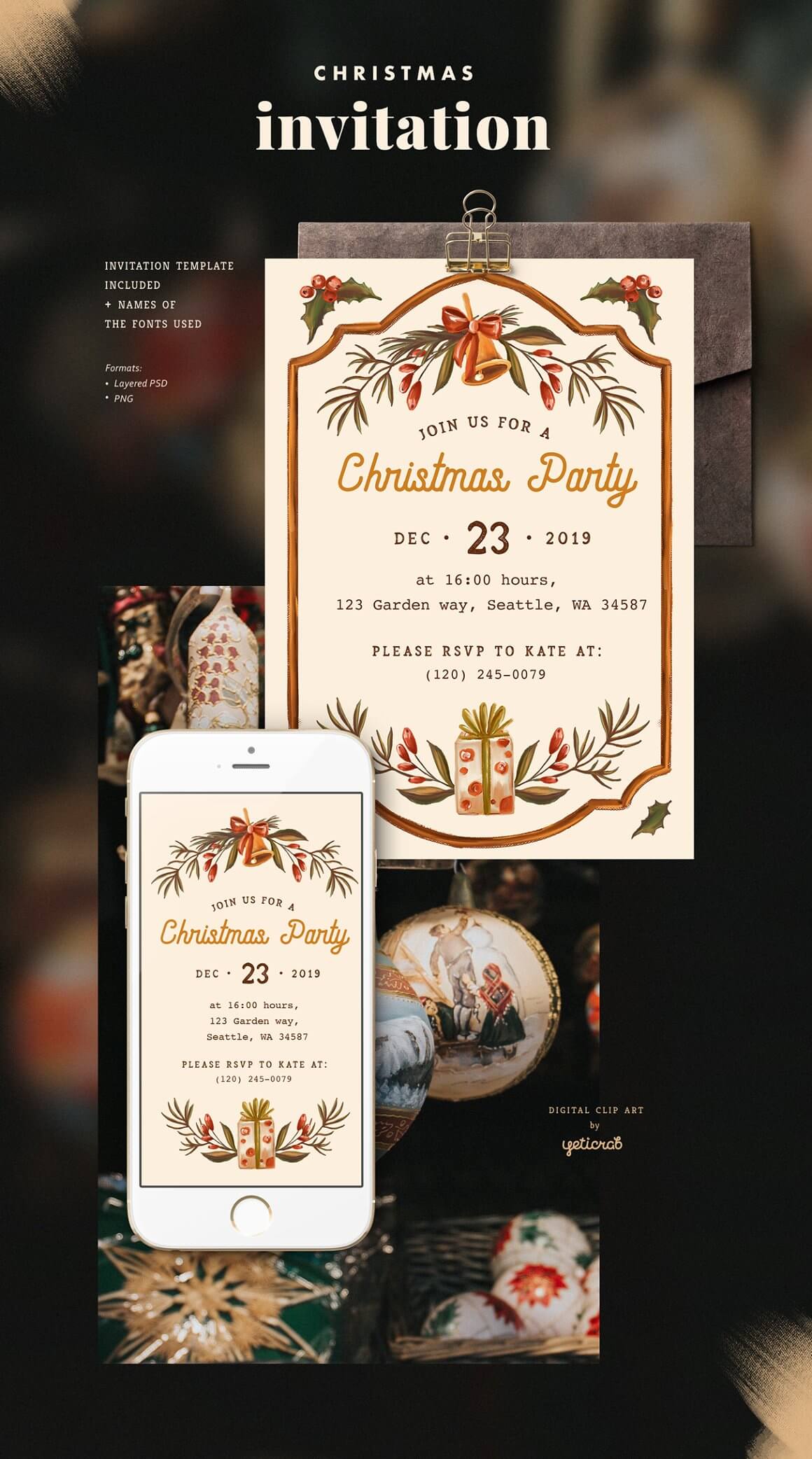 Christmas invitations on paper and on the phone screen.