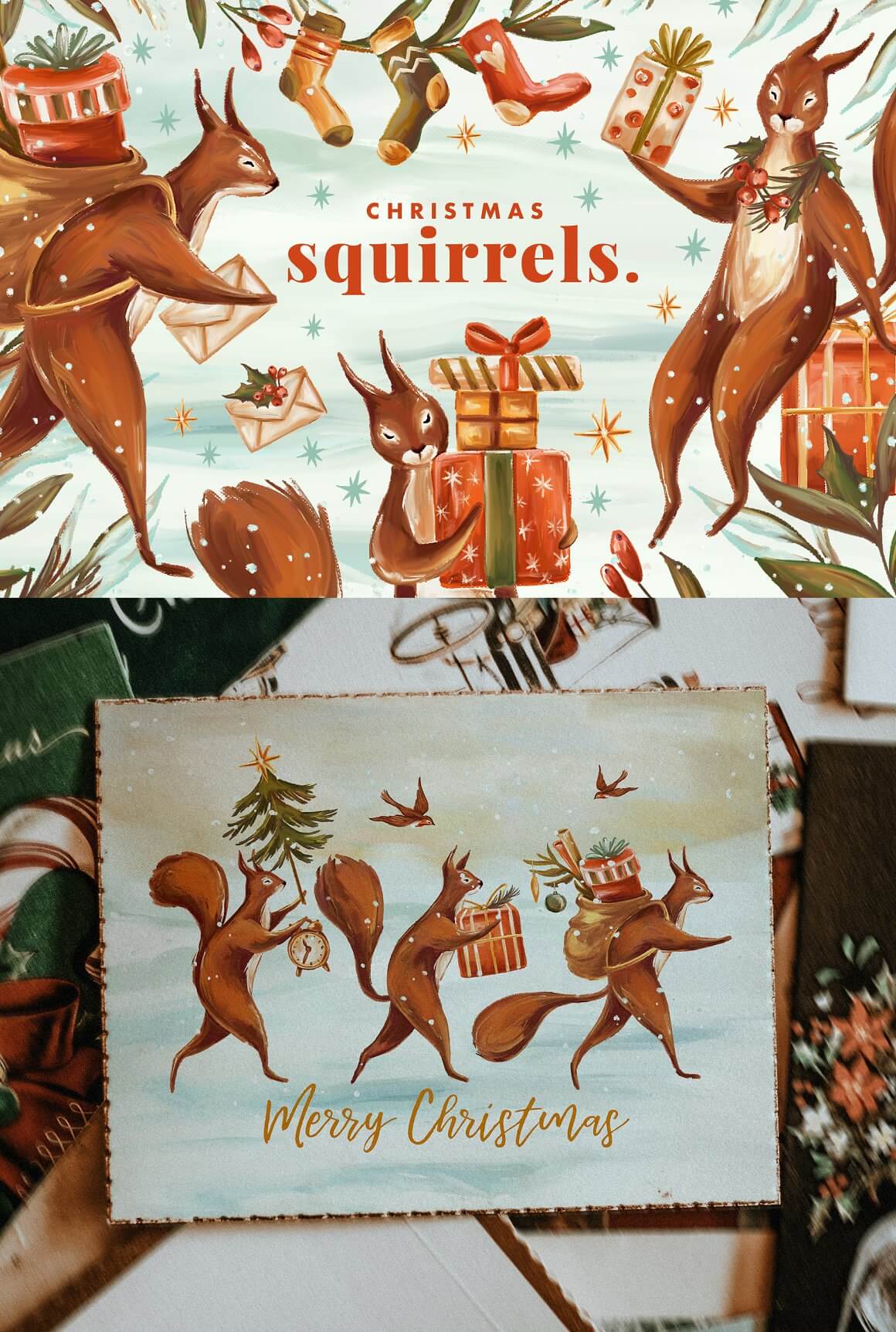 Christmas squirrels with Christmas tree, gifts and clock.