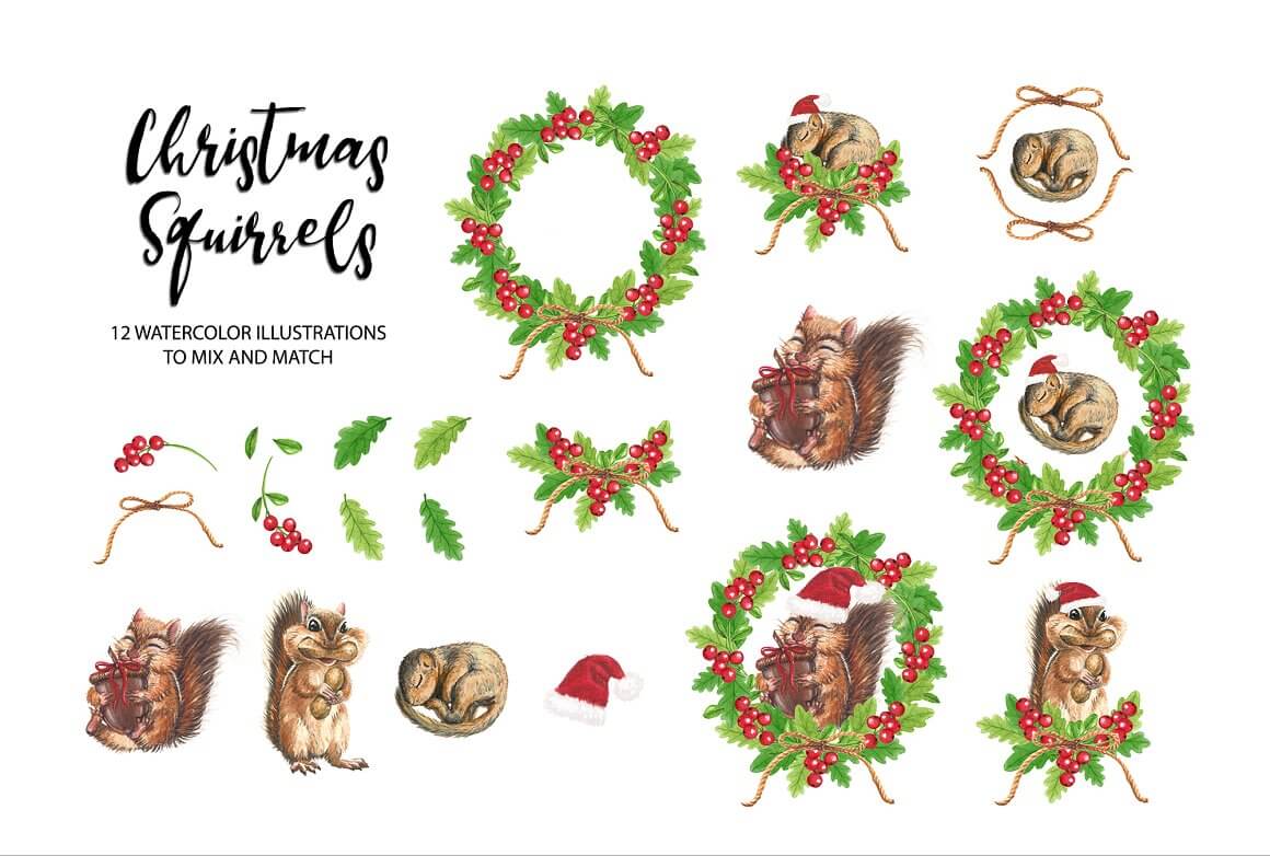 Christmas squirrels 12 watercolors illustrations to mix and match.