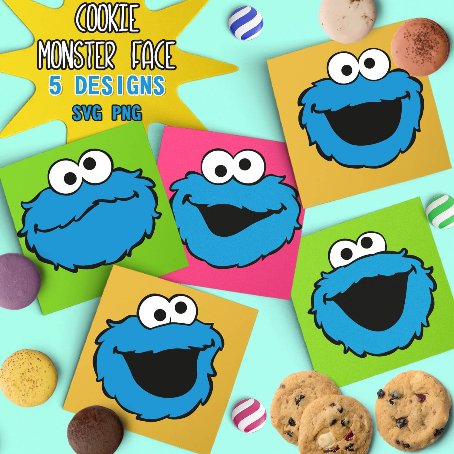 Cookie Monster Face - 5 Designs.
