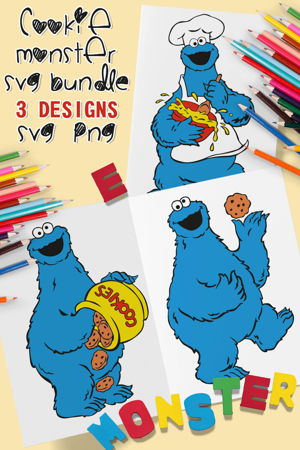 Cookie Monster SVG: 3 Designs.