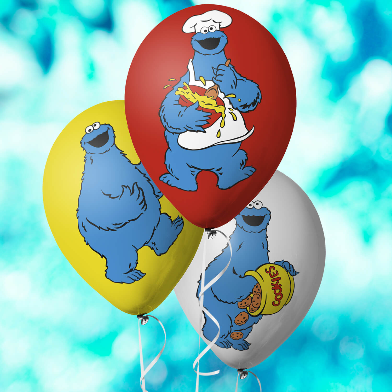 Cookie monster on three balloons.