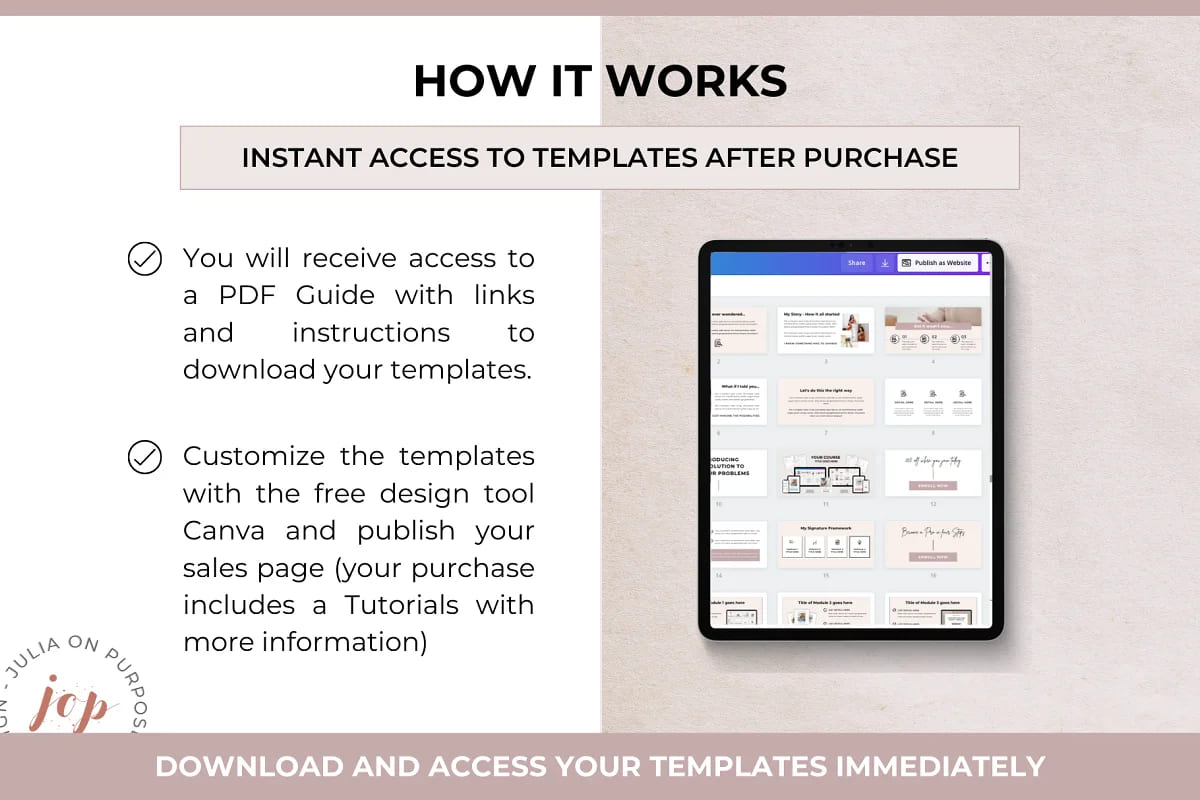 course sales page canva template, download and access immediately.