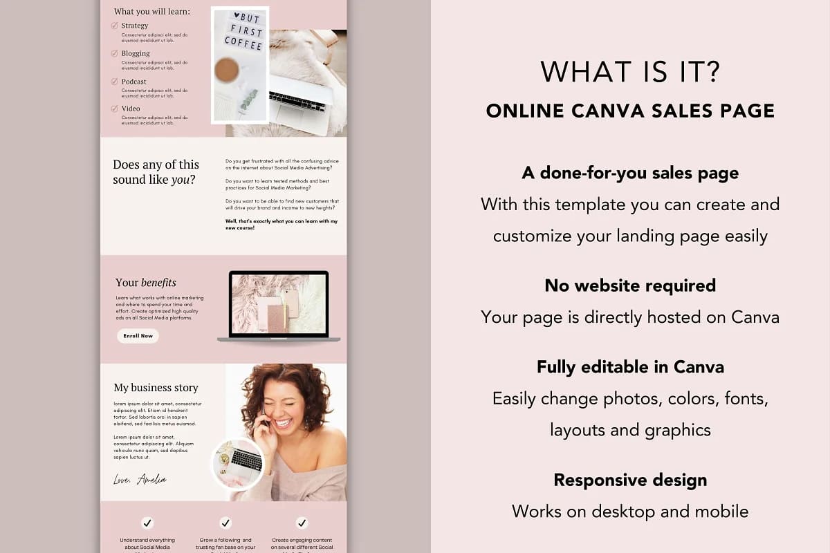 course sales page template canva perfect for course creators.