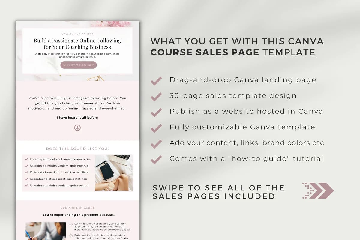 course sales page template canva with drag-and-drop canva lending page.