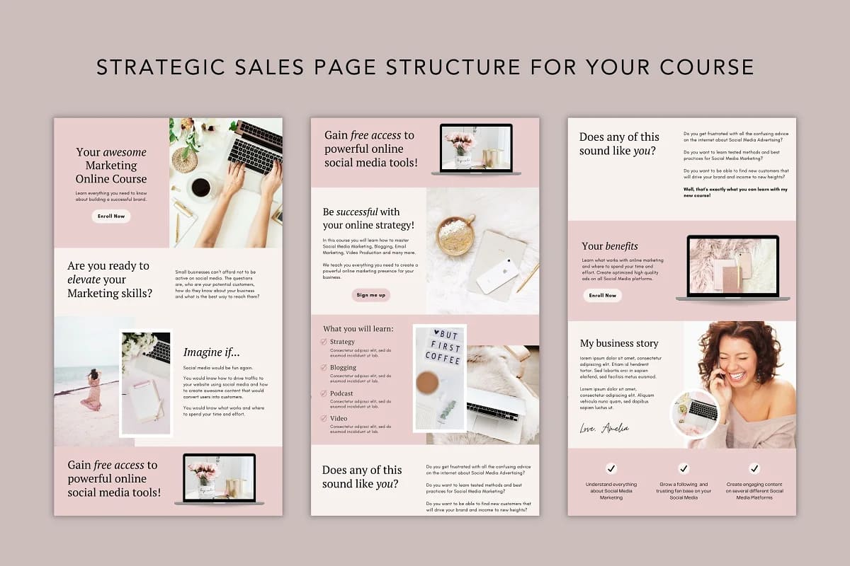 course sales page template canva, strategic sales page structure.