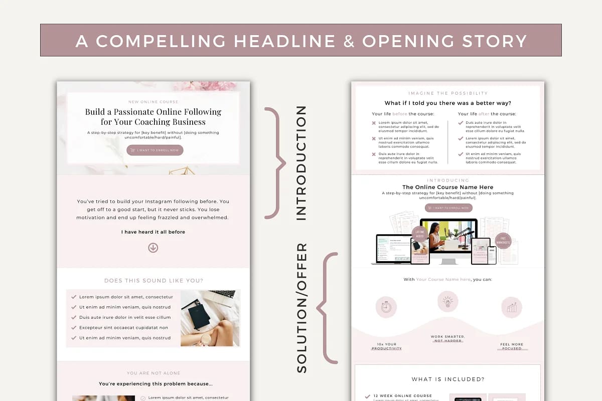 course sales page template canva with compelling headline and opening story.