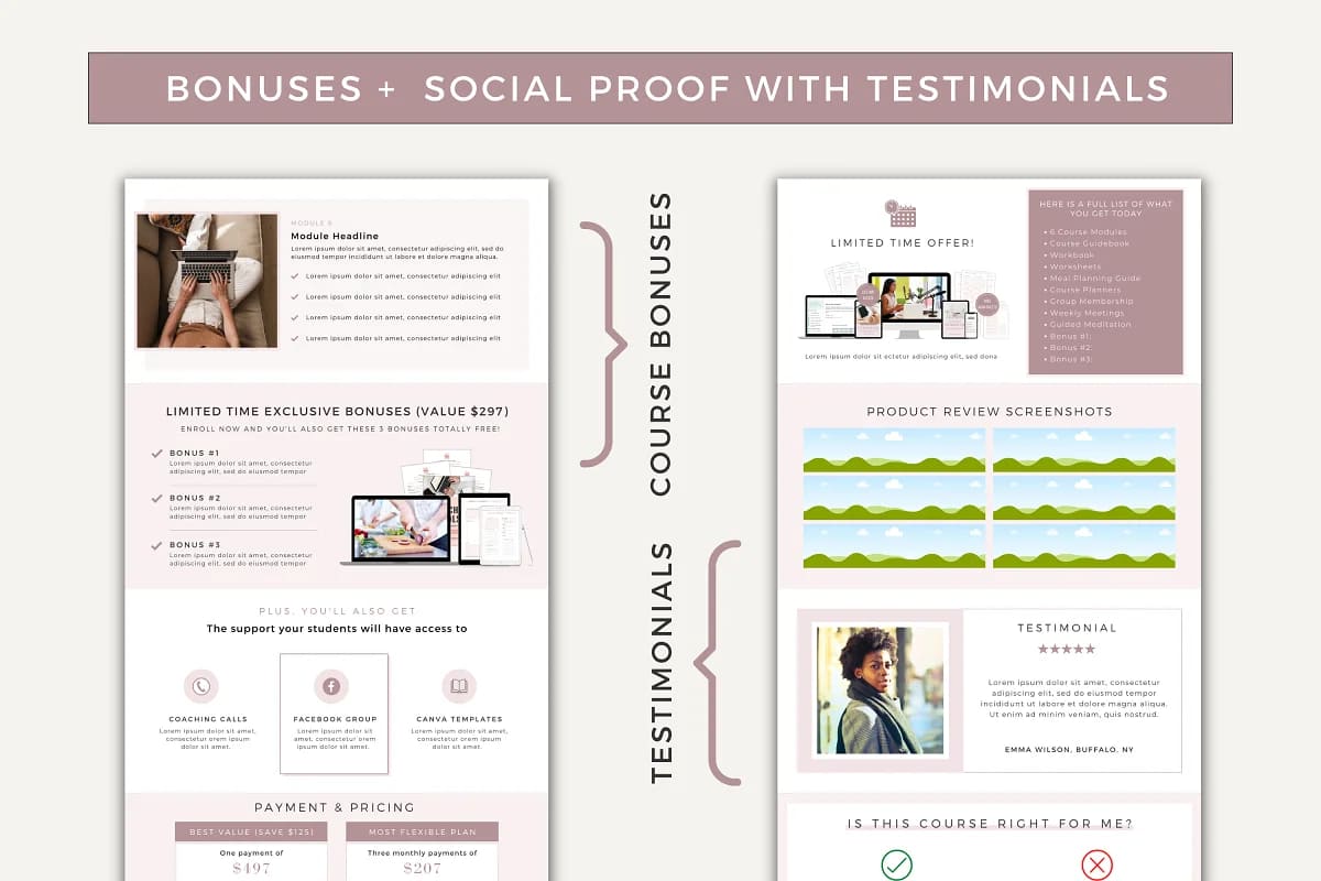 course sales page template canva, bonuses and social proof.