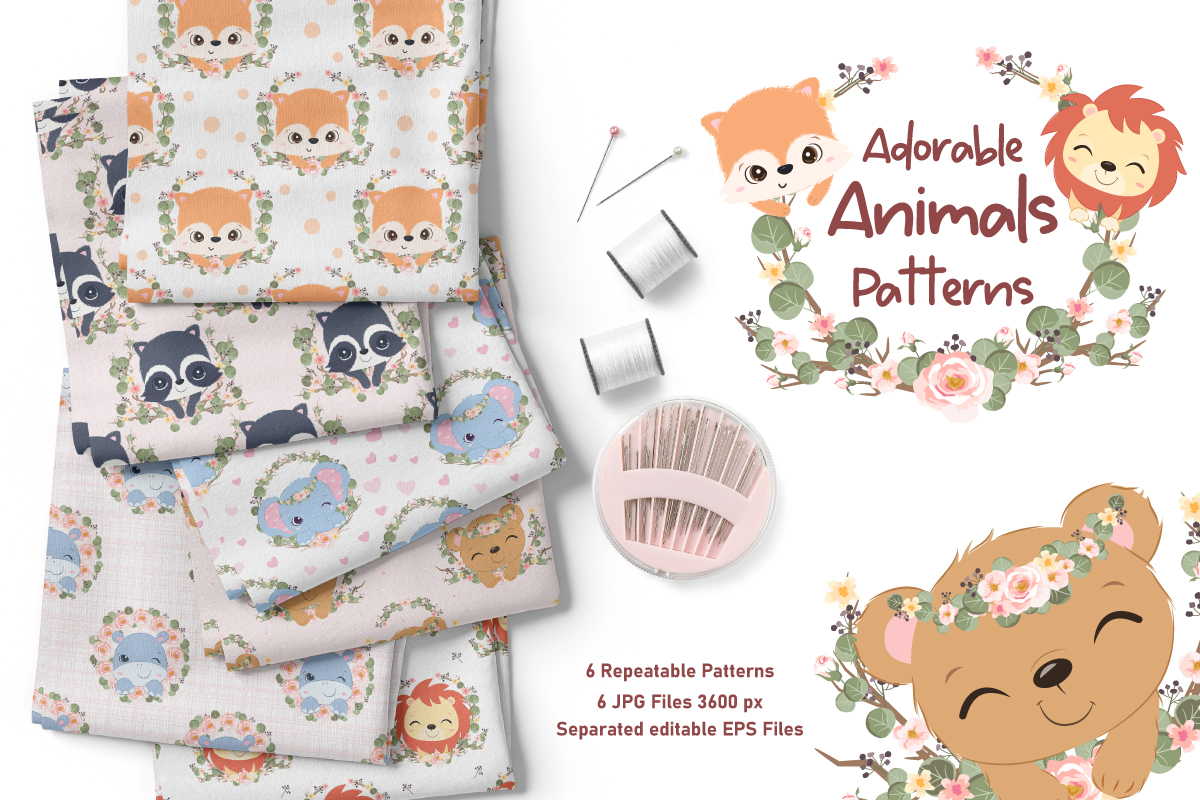 cover Cute Animals and Flowers Patternsю