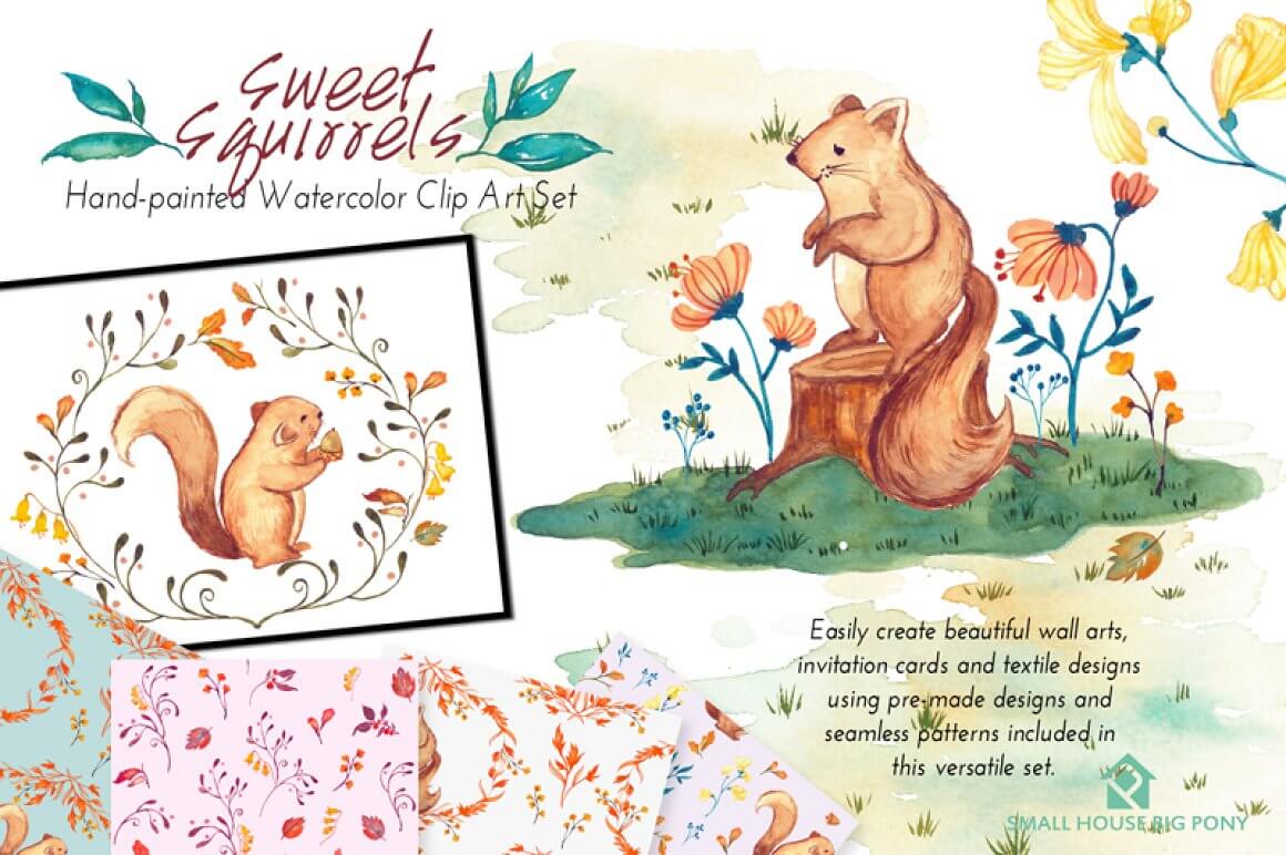 Sweet squirrels hand-painted watercolor clip art set.
