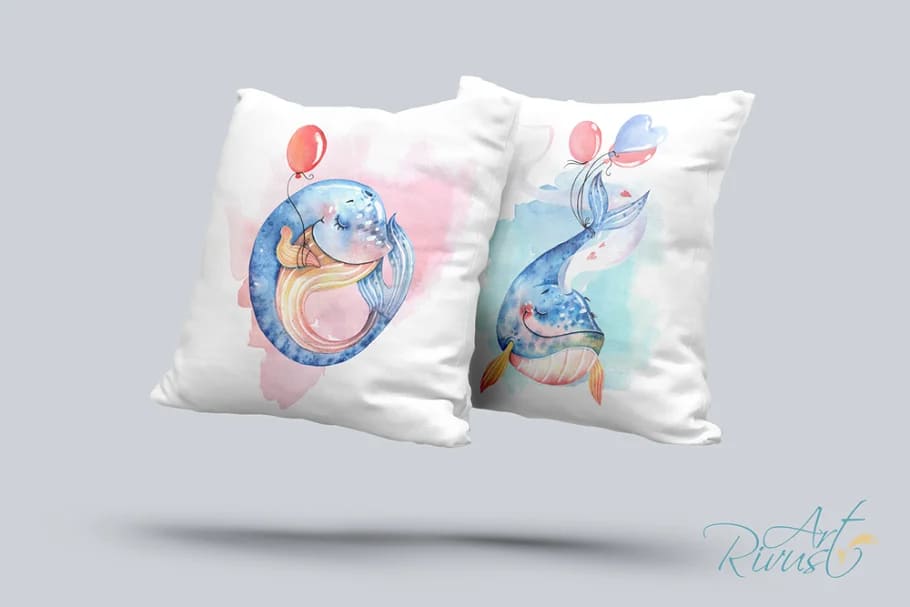 cute baby whales pillows print mockup.