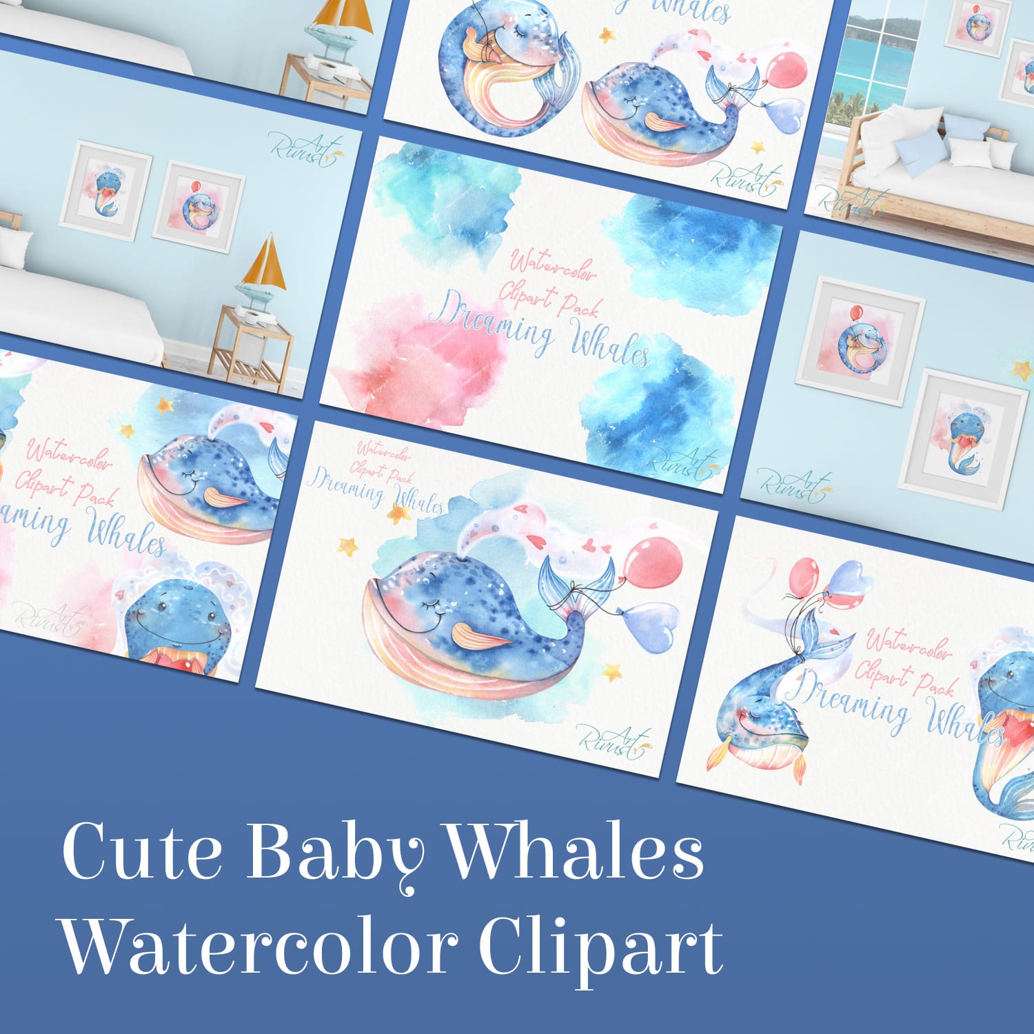 Cute Baby Whales Watercolor Clipart cover image.