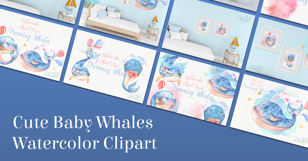 cute baby whales watercolor clipart.