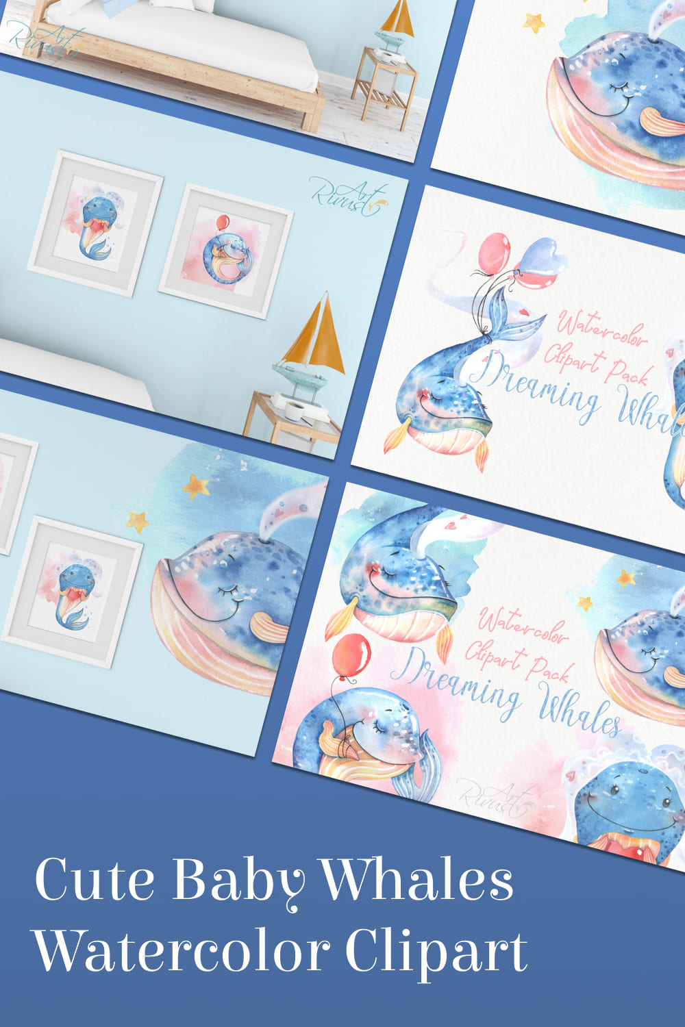 cute baby whales watercolor clipart collection.