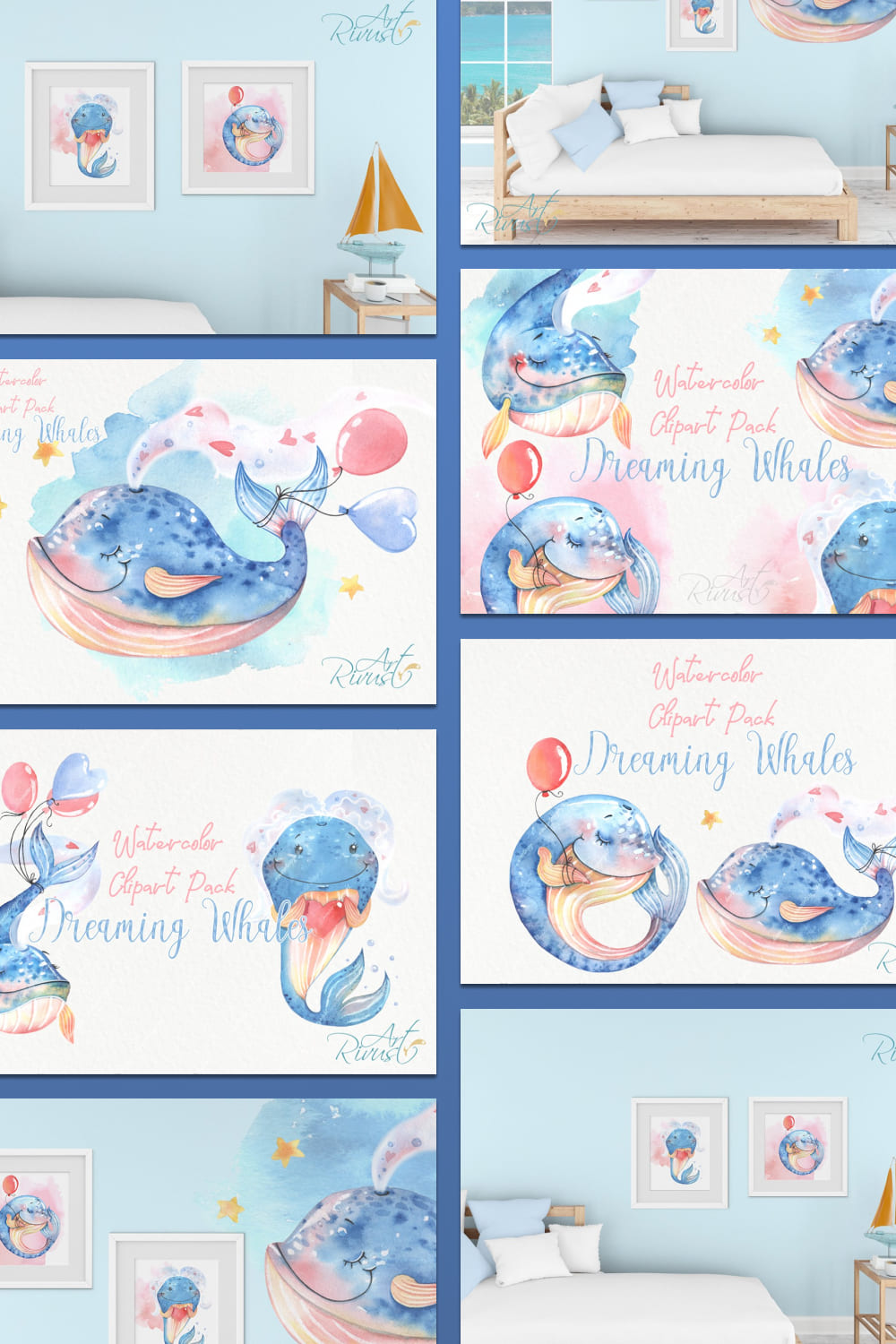 cute baby whales watercolor clipart set.