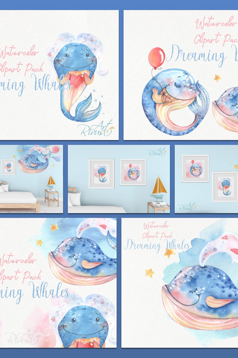 cute baby whales watercolor clipart pack.